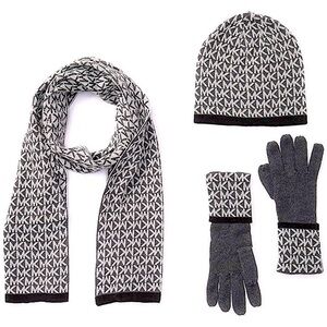 Michael Kors Women's 3 Piece Set MK Repeat Logo Scarf, Hat & Gloves (Derby Grey)